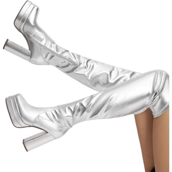 Women's Silver Polyurethane (PU) Square Toe Over The Knee Thigh High Boots - Picture 7 of 7